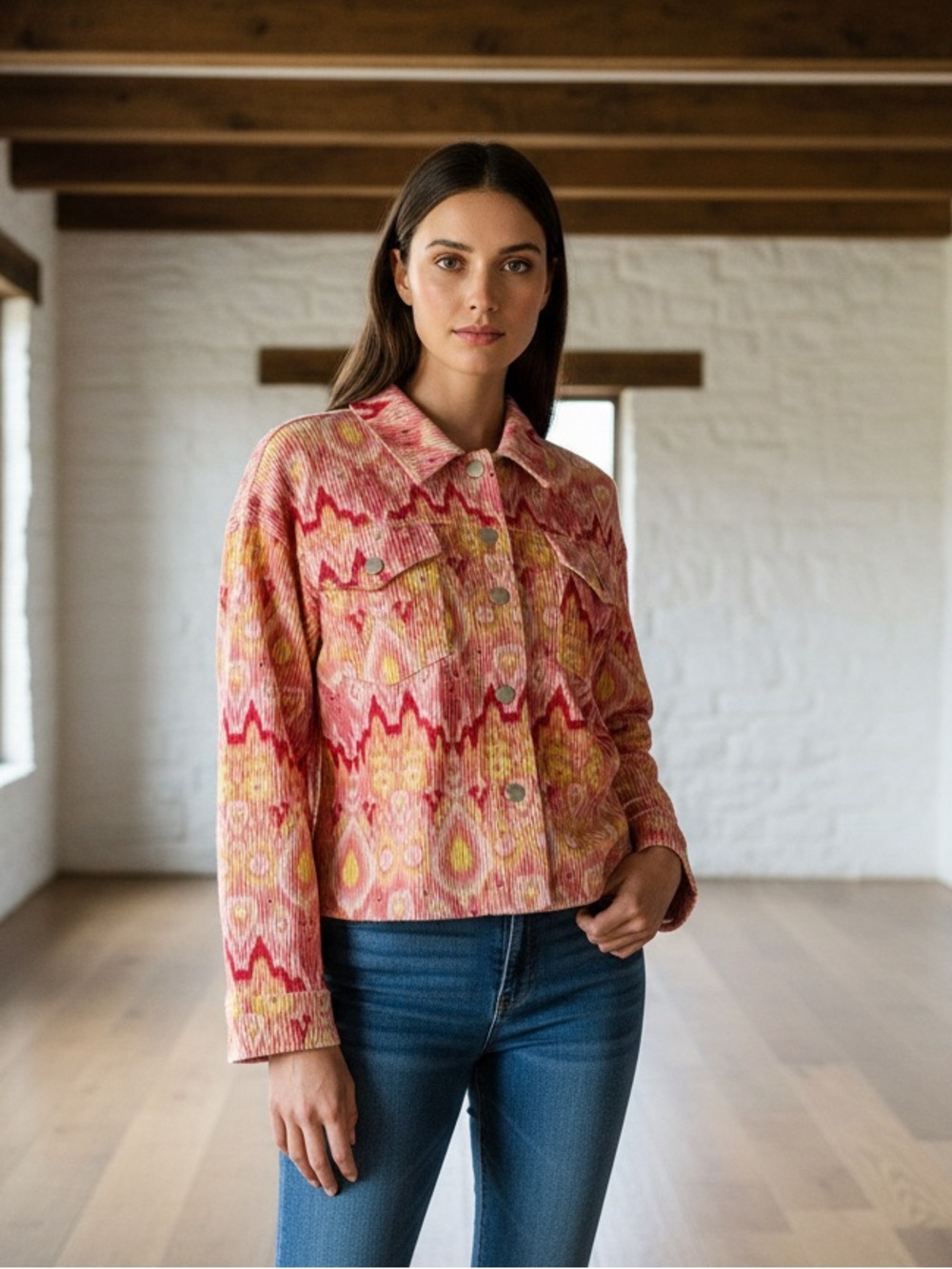 Savanna Jane Vibrant Ikat Jacket Inspired Design Beautiful Mix Of Pink & Yellow